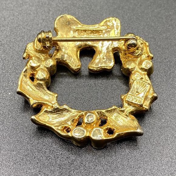 Vintage Merksamer Rhinestone Christmas Wreath Brooch Gold Tone - Picture 4 of 7
